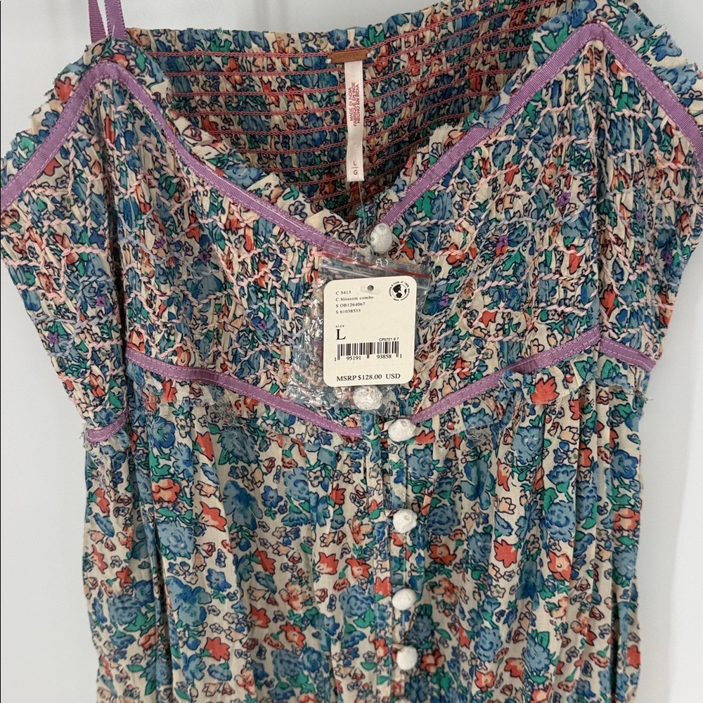 Free People NWT Floral Smocked Button Midi Dress Size L Blossom Combo Boho - Picture 9 of 9